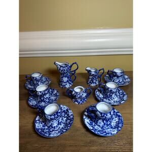 Victoria Ware Stoneware Small Tea Cups Saucers Sugar Creamer Cobalt Flue Floral
